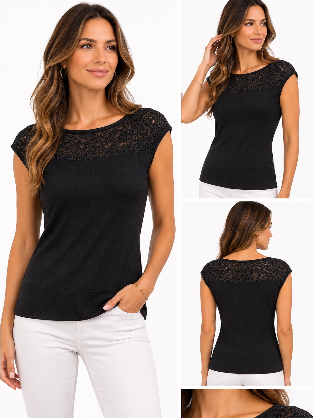 White House Black Market Embroidered Lace Yoke Cap Sleeve Top M